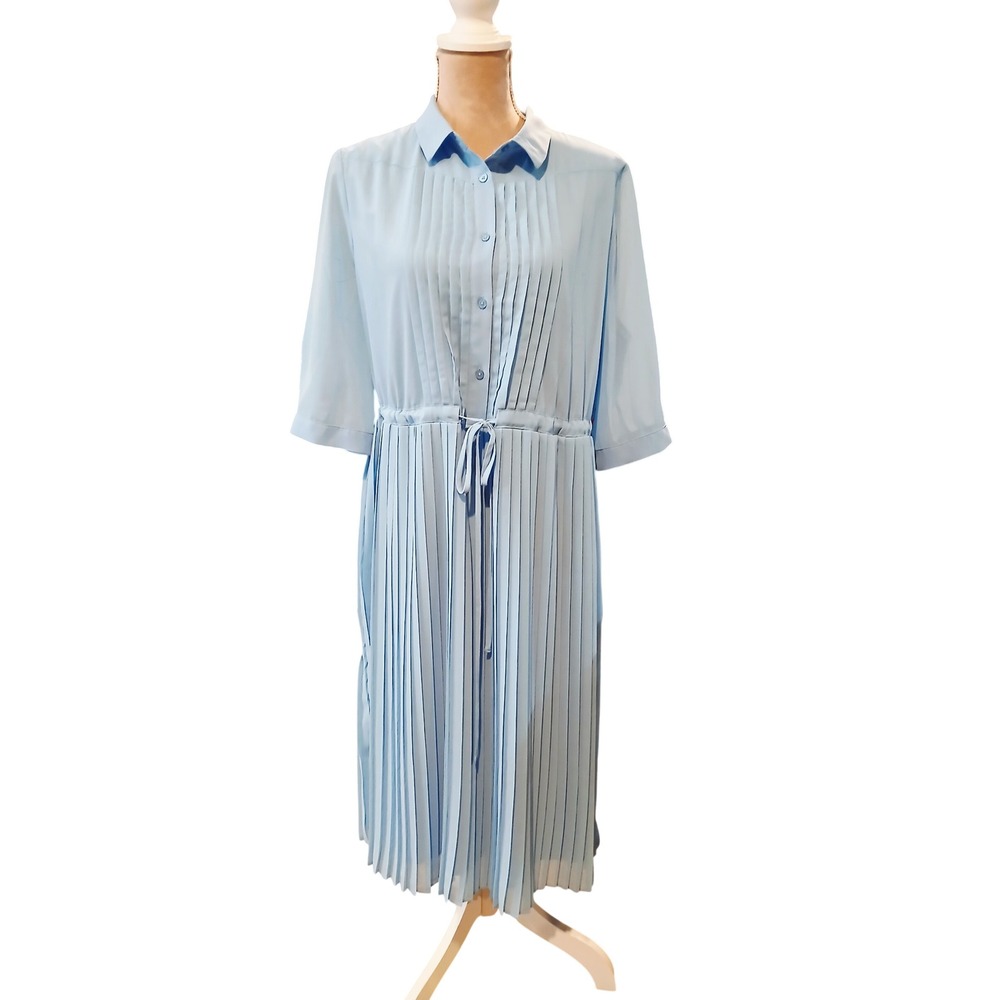 Wldrsd XL Blue Pleated Midi Dress Womens Button Front Drawstring Waist Modest